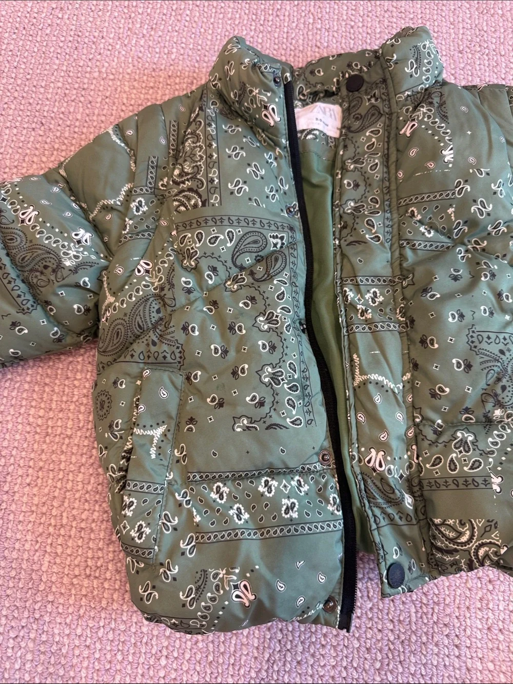 Zara Olive Green Bandana-Print Puffer Jacket